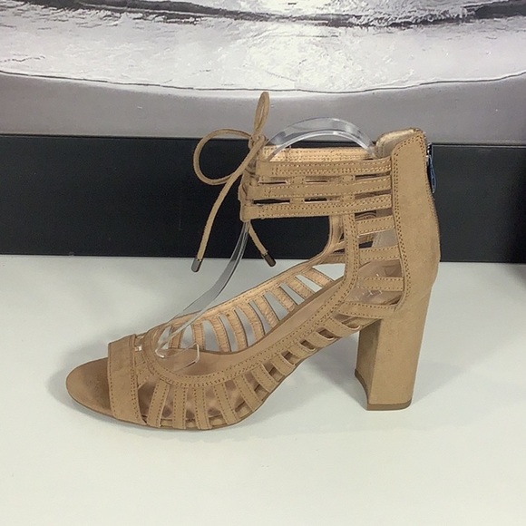 Franco Sarto Ernie Tan Faux Suede Block Heel Open Toe Cage Zip Tie Sandals Sz 8 - Picture 5 of 12